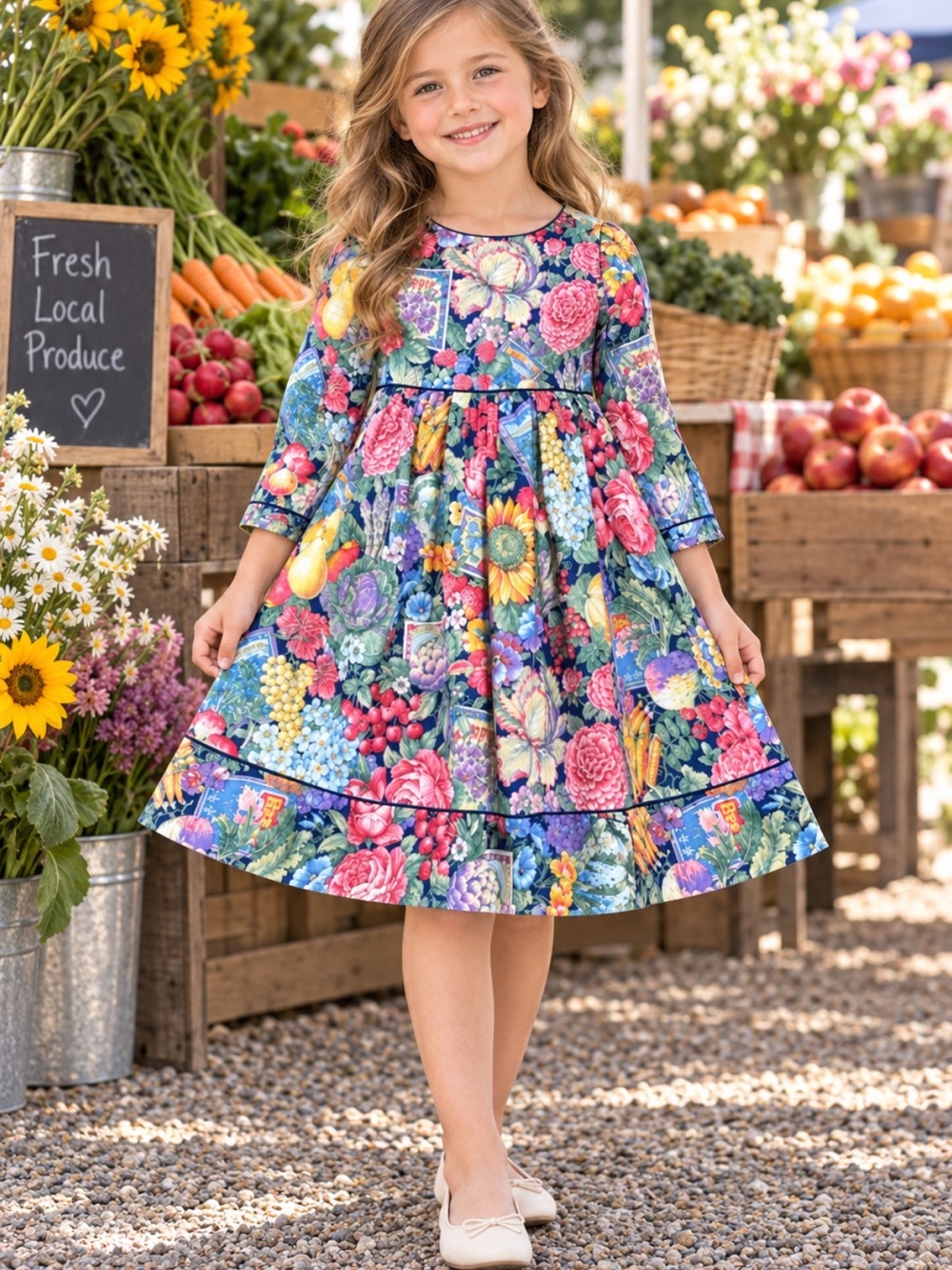 Vintage Sylvia Whyte Girls 6X Cotton Fruit Floral Vegetable Dress